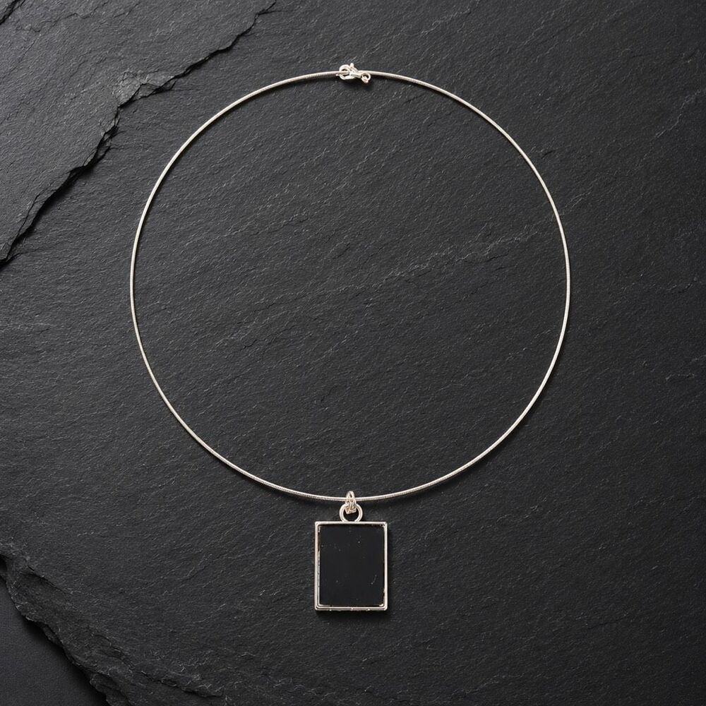 Black Pendant on Silver-Tone Omega Wire Choker – Minimalist Necklace